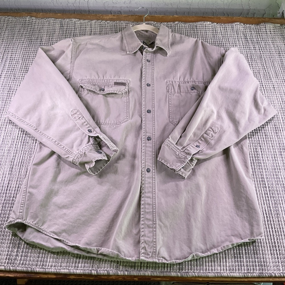 Calvin Klein Jeans Mens Large Beige Cotton Twill Long Sleeve Button Work Shirt